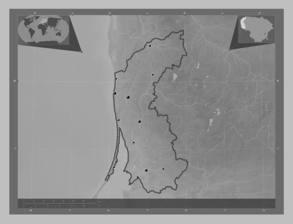 Klaipedos County Lithuania Grayscale Elevation Map Lakes Rivers Locations Major — Stock Photo, Image