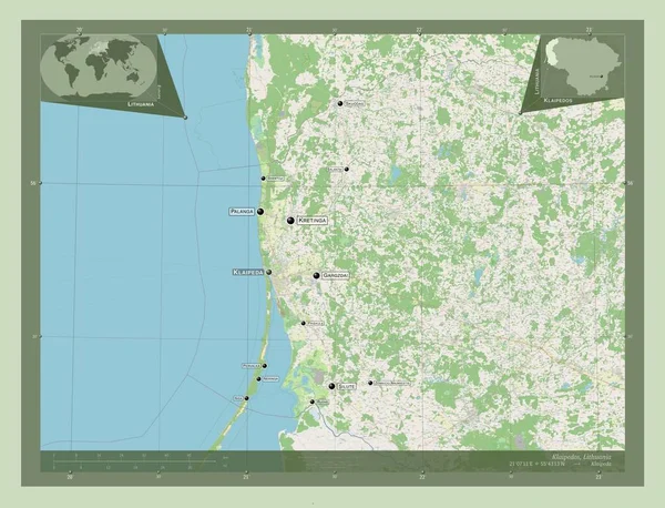 Klaipedos 立陶宛县 开放街道地图 该区域主要城市的地点和名称 角辅助位置图 — 图库照片