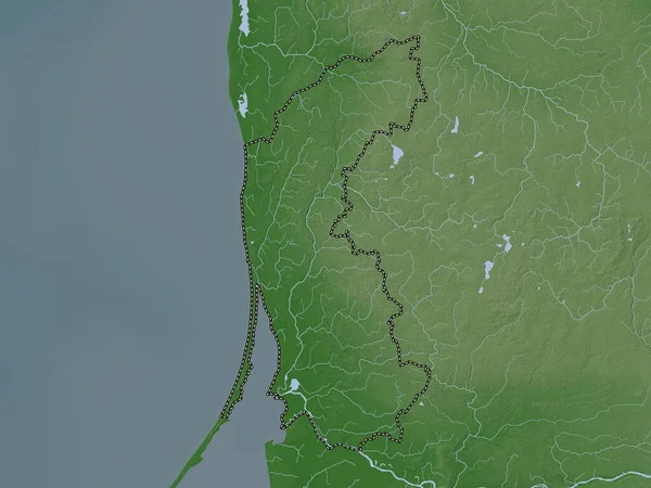リトアニアのクライペドス郡 湖や川とWikiスタイルで着色された標高マップ — ストック写真