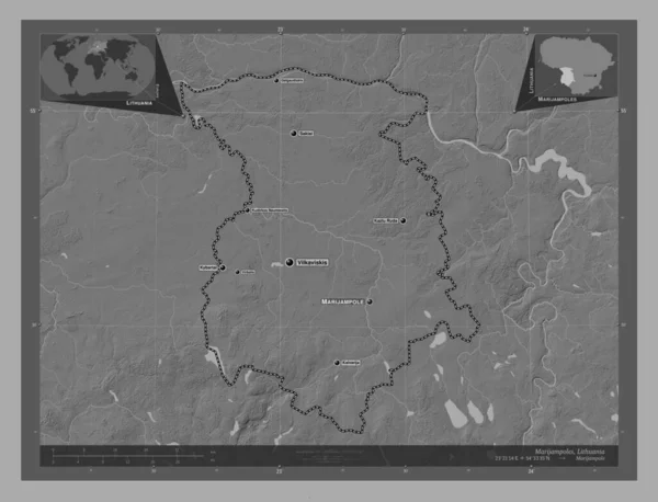 立陶宛县 Marijampoles 带湖泊和河流的比尔维尔高程图 该区域主要城市的地点和名称 角辅助位置图 — 图库照片