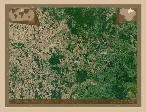 リトアニアの郡Panevezio 低解像度衛星地図 地域の主要都市の位置と名前 コーナー補助位置図 — ストック写真