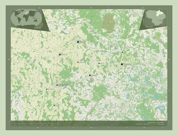 Panevezio 立陶宛县 开放街道地图 该区域主要城市的地点和名称 角辅助位置图 — 图库照片