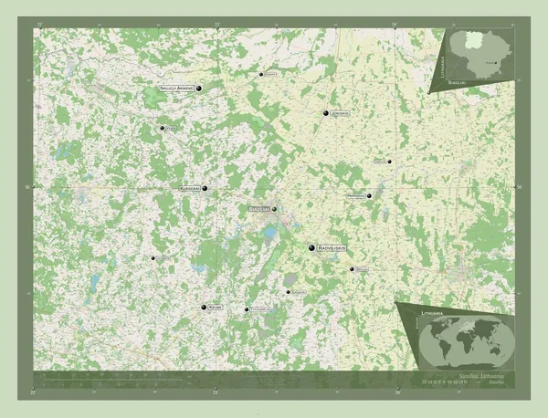 Siauliai 立陶宛县 开放街道地图 该区域主要城市的地点和名称 角辅助位置图 — 图库照片