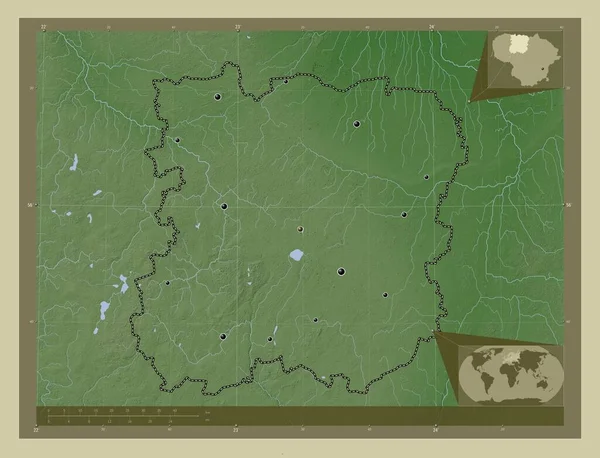 Siauliai 立陶宛县 用Wiki风格绘制的带有湖泊和河流的高程地图 该区域主要城市的所在地点 角辅助位置图 — 图库照片