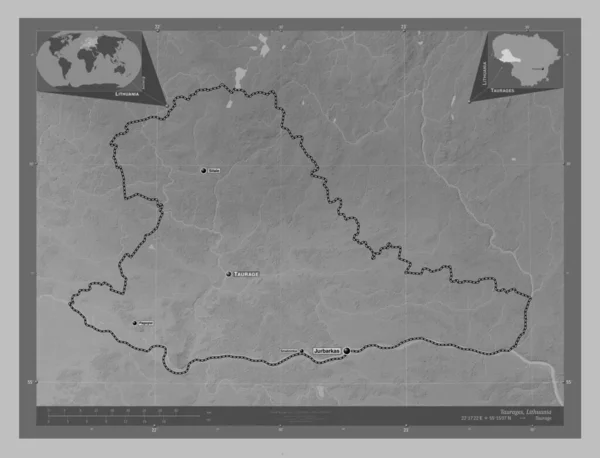 Taurages 立陶宛县 带有湖泊和河流的灰度高程图 该区域主要城市的地点和名称 角辅助位置图 — 图库照片