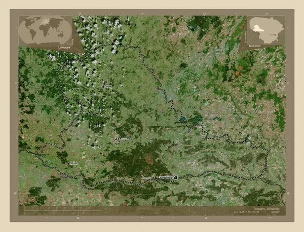 リトアニアの郡タウラージュ 高解像度衛星地図 地域の主要都市の位置と名前 コーナー補助位置図 — ストック写真