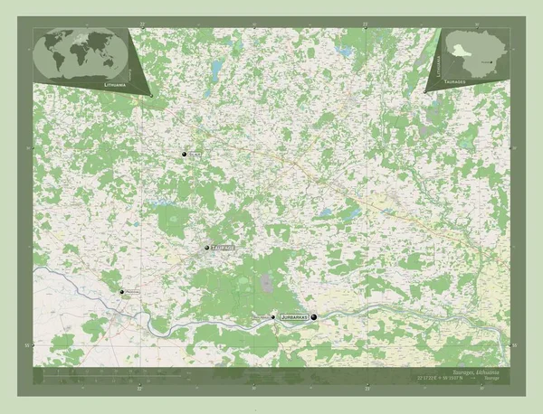 Taurages 立陶宛县 开放街道地图 该区域主要城市的地点和名称 角辅助位置图 — 图库照片
