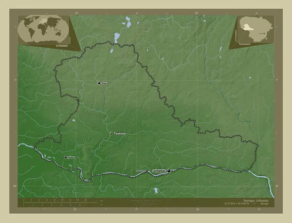 Taurages 立陶宛县 用Wiki风格绘制的带有湖泊和河流的高程地图 该区域主要城市的地点和名称 角辅助位置图 — 图库照片