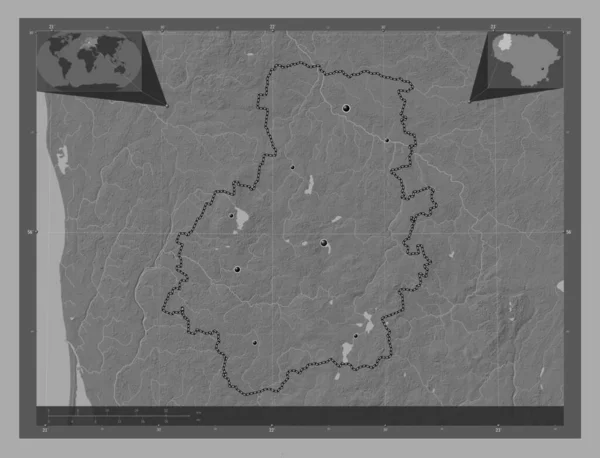 Telsiai 立陶宛县 带湖泊和河流的比尔维尔高程图 该区域主要城市的所在地点 角辅助位置图 — 图库照片