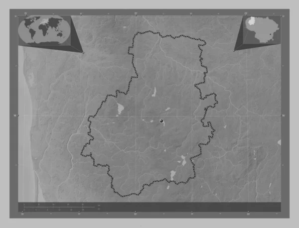 Telsiai County Lithuania Grayscale Elevation Map Lakes Rivers Corner Auxiliary — Stock Photo, Image