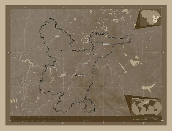 Vilniaus Provincia Lituania Mapa Elevación Coloreado Tonos Sepia Con Lagos — Foto de Stock