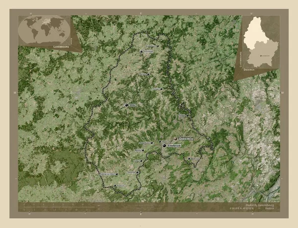 Diekirch 卢森堡地区 高分辨率卫星地图 该区域主要城市的地点和名称 角辅助位置图 — 图库照片