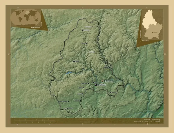 Diekirch Distretto Lussemburgo Mappa Elevazione Colorata Con Laghi Fiumi Località — Foto Stock