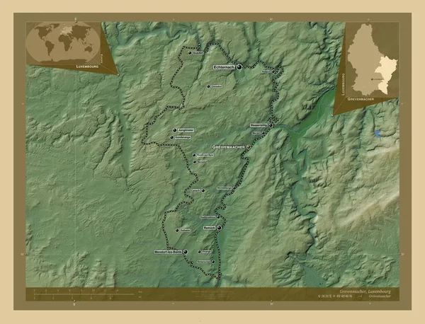 Grevenmacher District Luxembourg Colored Elevation Map Lakes Rivers Locations Names — Stock Photo, Image