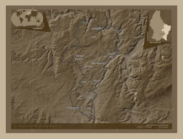 Grevenmacher Distrito Luxemburgo Mapa Elevación Coloreado Tonos Sepia Con Lagos —  Fotos de Stock