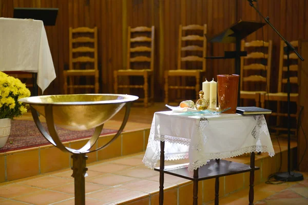 Items Prepared Table Ceremony Baptism Church Next Basin — Stock Photo, Image