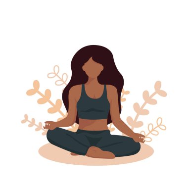 Zenci kız yoga yapıyor. Güzel kız. Meditasyon pratiği. Bir kadının güzel bir teni. Güzel bir Afrikalı kadın..