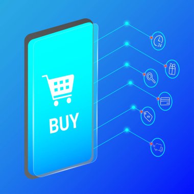 İzometrik vektör çizimi. Çevrimiçi mağaza kavramı. Satış konsepti, indirimler. İnternet teknolojisi, dijital pazarlama. İzometrik alışveriş hattı. Web afişi. İnternetten alışveriş. Dijital para.