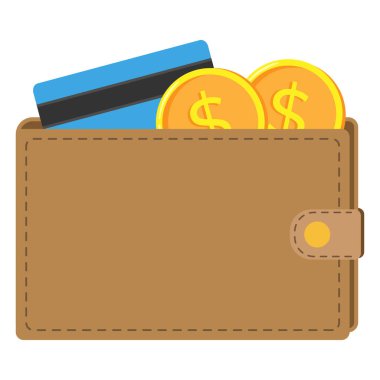 İçinde bozuk para ve kredi kartı olan cüzdan. Düz vektör illüstrasyonu.