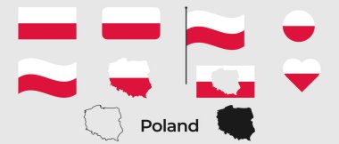 Polonya bayrağı. Polonya 'nın silueti. Ulusal sembol. Kare, yuvarlak ve kalp şeklinde. Polonya bayrağının sembolü..