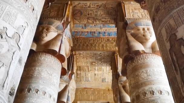 Όμορφο εσωτερικό του ναού της Ντεντέρα ή του ναού του Χάθορ. Αίγυπτος — Αρχείο Βίντεο
