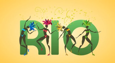 Brezilya karnaval bayrağı, dört dansçı kızın siluetleri Rio 'da geleneksel samba festivali, vektör şablonu