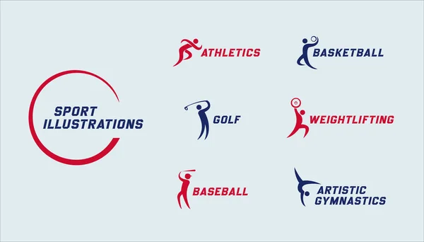 Logotipos Deportivos Golf Baloncesto Atletismo Levantamiento Pesas Béisbol Gimnasia Artística — Vector de stock