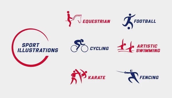 Logotipos Deportivos Ecuestre Fútbol Ciclismo Natación Artística Karate Esgrima Emblemas — Vector de stock