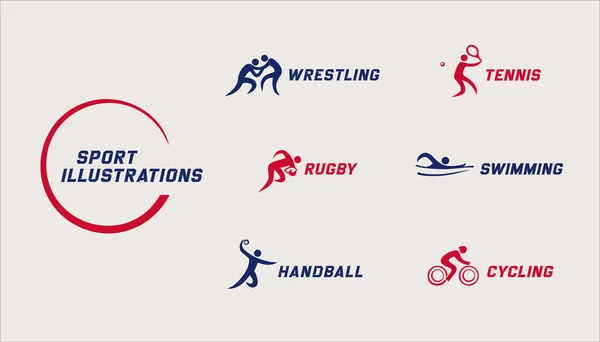 Logo Sportowe Ustawione Zapasy Tenis Rugby Pływanie Piłka Ręczna Jazda — Wektor stockowy
