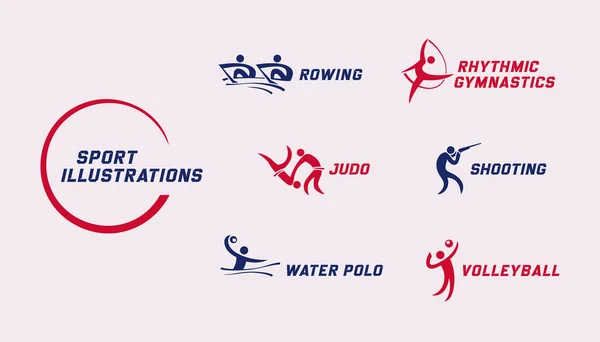 Logotipos Desportivos Definidos Remo Ginástica Rítmica Judô Tiro Pólo Aquático — Vetor de Stock