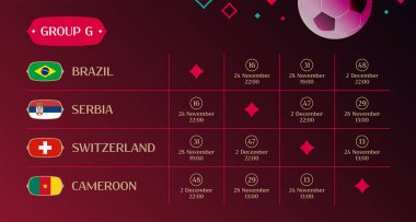 Eşleştirme programı G, 2022 final sonuç tablosu, Katar 'daki uluslararası futbol turnuvasına katılan ülkelerin bayrakları, vektör illüstrasyonu