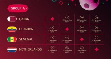 Maç takvim grubu A, 2022 final sonuç tablosu, Katar 'daki uluslararası futbol turnuvasına katılan ülkelerin bayrakları, vektör illüstrasyon