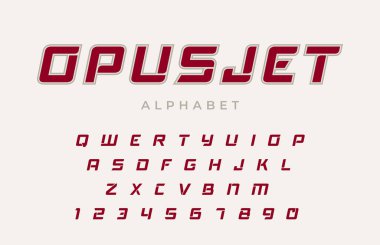 Modern spor alfabesi. Dinamik yazı tipi. Kalın italik yazı dizisi. Teknoloji, dijital, film ve spor logosu tasarımı için tipografi kentsel harfler ve rakamlar. Vektör illüstrasyonu