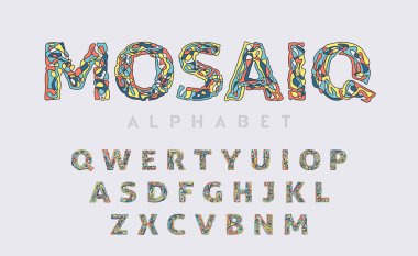Decorative joy alphabet, mosaic style letters set, typography for kids party, business, titles, headlines, presentations, logos and other projects. Vector illustration.