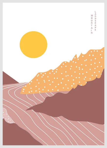 Ilustración vectorial de un paisaje montañoso con río. Geométrico paisaje fondo en asiático japonés estilo. — Archivo Imágenes Vectoriales