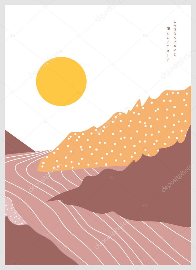 Vector illustration of a mountain landscape with river. Geometric landscape background in asian japanese style.