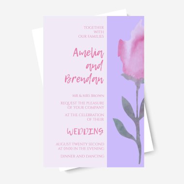 Bir tomurcukta pembe bir gül ile düğün davetiyesi şablonunun vektör çizimi. Pastel renkli kartpostal, poster.