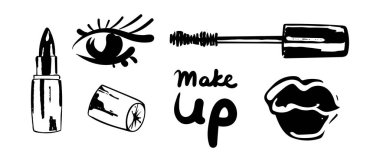 Dolgun dudaklar, siyah ruj ve şekillendirilmiş göz ve rimel şeklinde bir öpücük. Makyaj harfleri. Vektör çizimi. El çizimi.