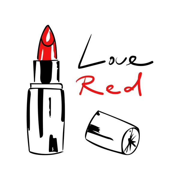 Batom vermelho na moda. Letras Eu amo vermelho. Ilustração vetorial. — Vetor de Stock