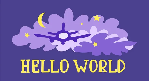 Avión en las nubes azules y estrellas amarillas. Hola letras del mundo. Ilustración vectorial. — Vector de stock