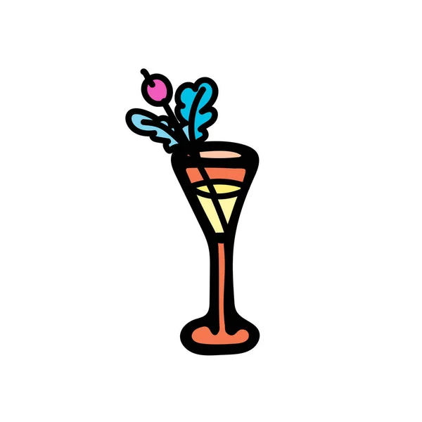 Цветная векторная иллюстрация рюмки с алкоголем и ягодами с листьями сверху. — стоковый вектор