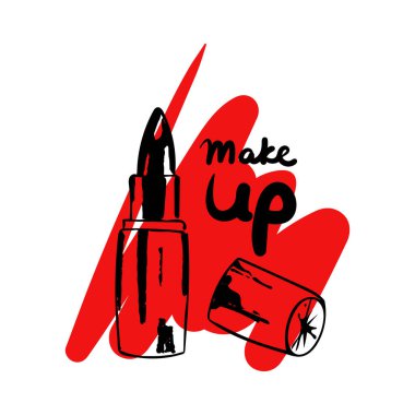 Soyut lekeli kırmızı ruj şeklinde, modaya uygun siyah ruj. Mektup Makyajı. Vektör illüstrasyonu.