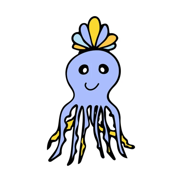 Gekleurde octopus met zeeschelpen kroon in doodle stijl. Ontwerpelementen. — Stockvector