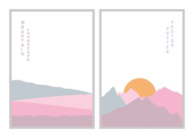 Vektör çizimi dağ manzarası posteri. Geometrik manzara arka planı Asya tarzı Japon tarzında. Yazdırma, poster, çıkartma, kart tasarımı için soyut sembol. 