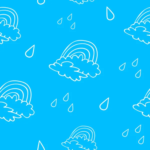 Бесшовный рисунок с радугой, дождём и облаками. — стоковый вектор