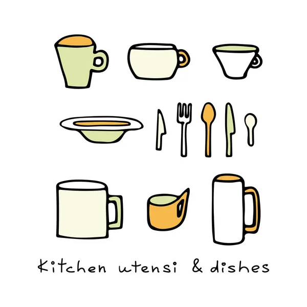 Ilustração vetorial de talheres e pratos em estilo doodle. Prato, canecas, garfos, facas e colheres. Lettering Utensílios de cozinha e pratos. — Vetor de Stock