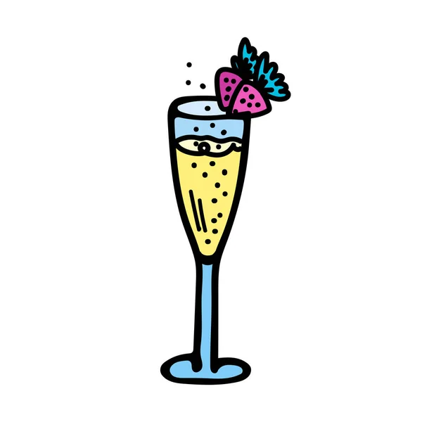 Colored vector illustration of a blue wine glass with yellow champagne, bubbles and pink strawberries. — Stock Vector