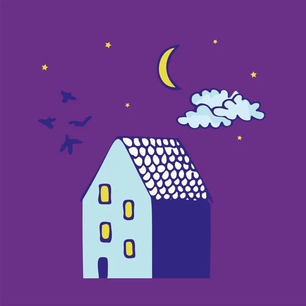 Εικονογράφηση διάνυσμα ενός σπιτιού με πουλιά και νυχτερινό ουρανό, αστέρια και φεγγάρι. Στοιχεία σχεδίασης Doodle. — Διανυσματικό Αρχείο