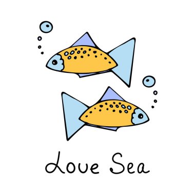 Renkli baloncuklar üfleyen bir grup balık. Denizci vektör çizimleri kümesi.