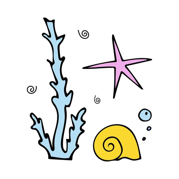 Sárga héj légbuborékokkal az algák és a tengeri csillagok közelében. Doodle stílus. — Stock Vector